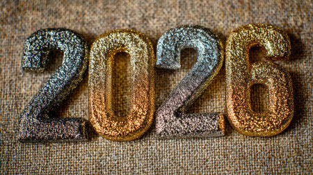 Shiny metallic numbers representing the year 2026 are displayed on a rustic fabric background, perfect for capturing the essence of celebrations and festive occasions.の素材