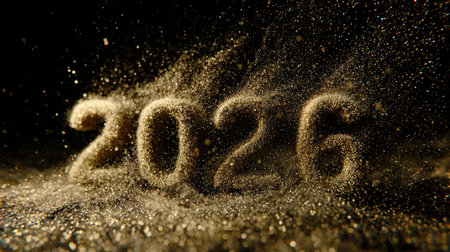 A captivating abstract image illustrating the year 2026 through dynamic dust particles. The artwork symbolically represents time and future possibilities.の素材