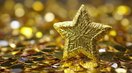 A stunning gold star stands out against a backdrop of shimmering coins, evoking themes of celebration, success, and luxury in a vibrant setting.の素材