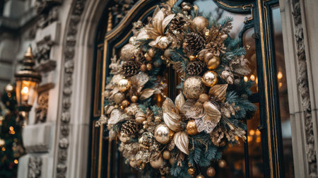 A stunning gold and green Christmas wreath adorned with shiny ornaments and pinecones graces a beautifully decorated door, enhancing the festive urban ambiance.の素材