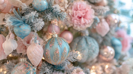 A close-up view of a beautifully decorated Christmas tree featuring elegant pastel ornaments, soft flowers, and warm lights, evoking a serene holiday spirit.の素材