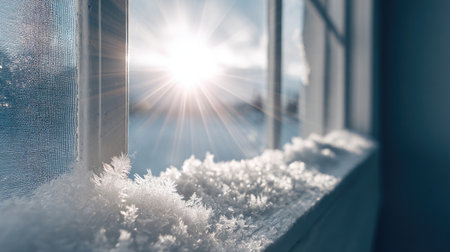 A tranquil winter morning scene captures sunlight streaming through a window, illuminating soft white frost on the sill, creating a cozy and serene atmosphere.の素材