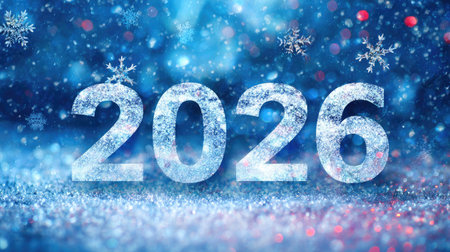 Bright and festive scene featuring frosty numbers 2026 against a sparkling blue backdrop, perfect for New Year celebrations and winter-themed graphics.の素材