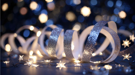 This enchanting image features shimmering ribbon intertwined with glowing lights, creating a dreamy, festive ambiance perfect for holiday celebrations and decorations.の素材