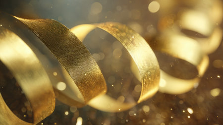 This stunning image features a delicate gold ribbon twisting gracefully against a soft, sparkling bokeh background. Perfect for use in decoration, celebrations, and festive themes.の素材