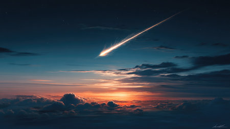 A breathtaking view of a meteor shower illuminating the twilight sky, casting a warm glow on clouds while distant stars sparkle in the serene atmosphere.の素材