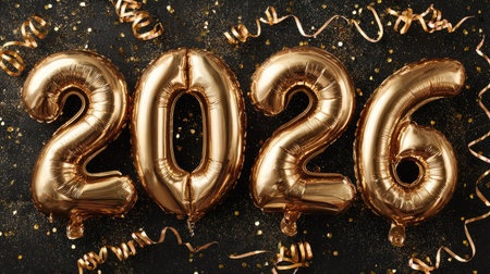 A stunning arrangement of gold balloons shaped as the numbers 2026, surrounded by festive confetti and streamers, ideal for any celebratory occasion or event.の素材