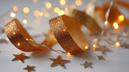 A beautiful arrangement of sparkling golden ribbon and glittering stars on a soft white surface, creating a festive atmosphere perfect for celebrations and events.の素材