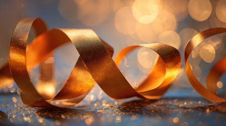 A stunning close-up of elegant orange ribbon spirals over a sparkling surface, set against a blurred warm background, perfect for festive themes and creative projects.の素材