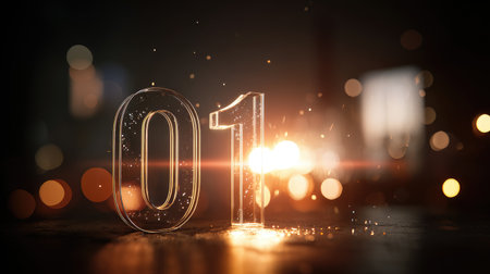 Stunning transparent number one with sparkling particles against a dark background. Perfect for themes of celebration, achievement, and New Year's inspirations.の素材