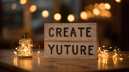 A beautifully crafted wooden sign reads "CREATE YUTURE" amid a backdrop of glowing fairy lights, evoking warmth and inspiration for future creativity and positivity.の素材