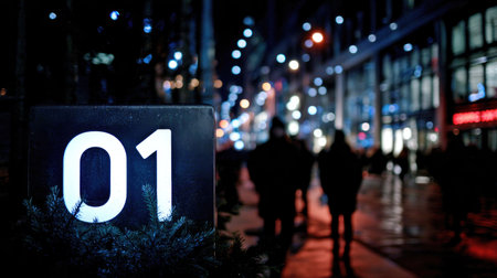 A captivating night view featuring illuminated digital signage in the foreground and blurred figures walking along a bustling urban street, showcasing a vibrant city atmosphere.の素材
