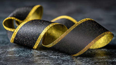 Discover an elegant black and gold glitter ribbon gracefully twisting on a dark surface. Perfect for craft projects, gifting, and festive decorations to add a touch of luxury.の素材
