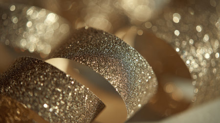 Close-up view of shimmering gold glitter ribbons creating an elegant and festive atmosphere, ideal for decor at special events, crafts, and celebrations.の素材