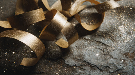 Vibrant golden ribbon curls lay gracefully on a textured surface, surrounded by sparkling dust, creating a stunning visual for festive celebrations and events.の素材