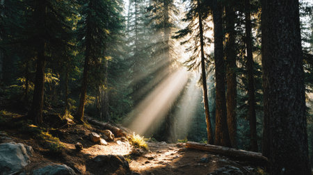A peaceful forest scene showcasing a pathway illuminated by soft rays of sunlight filtering through tall trees, creating a serene and tranquil atmosphere for nature lovers.の素材