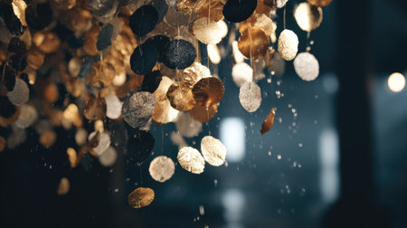 A visually striking photo featuring beautiful metallic coins in various colors, creating a mesmerizing hanging decoration that adds elegance and charm to any setting.の素材