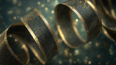 This image features an exquisite close-up of sophisticated black and gold glitter ribbons swirling elegantly, set against a dreamy bokeh background, perfect for festive occasions.の素材