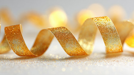 Delicate golden glitter ribbon adorned with sparkling details creates a festive atmosphere, perfect for holiday decorations, gifts, and creative craft projects.の素材