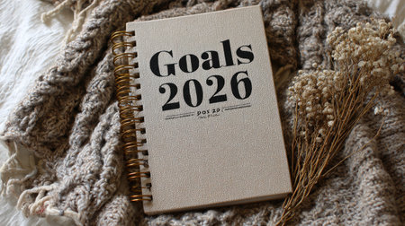 A stylish planner for setting and tracking goals in 2026, placed on a cozy blanket with dried flowers, evoking a warm atmosphere for personal growth and inspiration.の素材