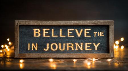 A beautifully designed wooden sign featuring the phrase "Believe in the Journey" illuminated by soft lights, perfect for enhancing any space with motivational energy.の素材