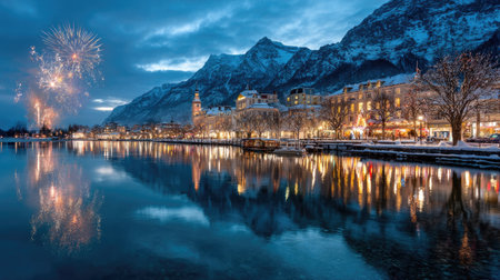 Enjoy a breathtaking winter landscape showcasing majestic mountains, a serene lake, and vibrant fireworks illuminating the sky during a festive evening in a charming town.の素材