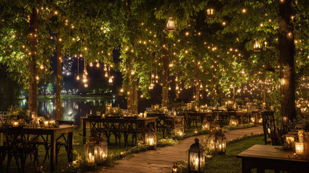 A beautifully arranged outdoor evening setting features glowing lanterns and twinkling lights hanging from trees, creating a romantic atmosphere perfect for gatherings.の素材