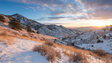 Stunning snow-covered mountain landscape captures the tranquility of nature at sunrise, showcasing gentle slopes and dramatic clouds in a serene setting.の素材
