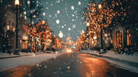 A serene winter night captures a snowy street adorned with twinkling lights, creating a magical ambiance perfect for festive celebrations and joyful moments.の素材