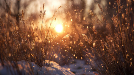 A serene winter landscape featuring delicate grass covered in snow, illuminated by a warm sunset. Perfect for conveying peace, beauty, and tranquility in nature photography.の素材