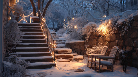 A beautiful winter scene capturing snow-covered steps and illuminated outdoor lights, creating a cozy atmosphere perfect for peaceful evenings in nature.の素材