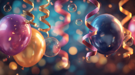 Colorful balloons and shiny streamers float in a cheerful atmosphere, perfect for celebrations and festive events. The blurred background enhances a joyful ambiance.の素材