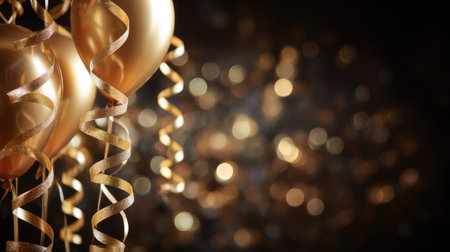 Capture the spirit of celebration with this elegant composition featuring golden balloons and shimmering ribbons. The dreamy bokeh background adds a festive touch.の素材