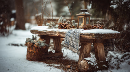 A charming wooden bench decorated with pinecones and a lantern rests in a snowy outdoor setting, capturing a serene winter vibe perfect for seasonal decor and relaxation.の素材