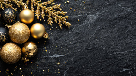 Capture the essence of the holiday season with this elegant display of golden ornaments and a glittery pine branch on a sleek black background, perfect for festive designs.の素材