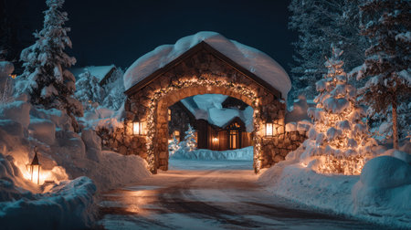 A picturesque entrance adorned with snow, stone, and warm lights, creating a serene winter scene. Perfect for holiday themes or cozy winter escapes.の素材