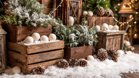 This inviting Christmas scene features wooden crates filled with snowy decor, pine cones, and lush greenery, creating a charming winter atmosphere perfect for holiday celebrations.の素材