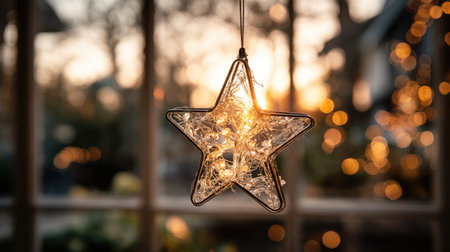 A delicate star decoration glows softly, suspended in a window. The warm lights and stunning sunset create a serene atmosphere, enhancing any indoor spaceの素材