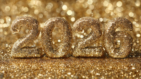 Glimmering golden numbers 2026 create a festive atmosphere perfect for New Year celebrations, capturing joy and excitement with their sparkling glitz.の素材