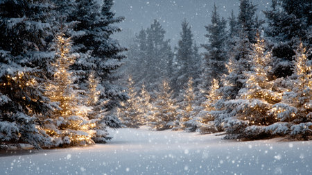 A serene winter landscape featuring a snow-covered forest with illuminated Christmas trees, creating a magical atmosphere as gentle snowflakes fall softly from the sky.の素材