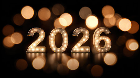Glowing numbers for 2026 stand against a dark backdrop, surrounded by beautiful bokeh lights, perfect for New Yearの素材
