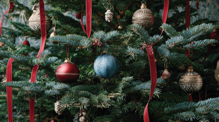 A beautifully adorned Christmas tree featuring an array of colorful ornaments and rich red ribbons, creating a warm and inviting atmosphere for holiday celebrations.の素材
