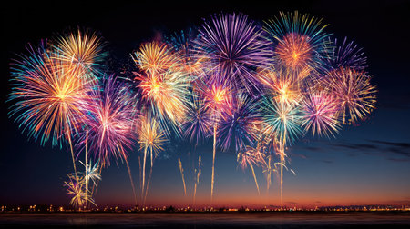 A breathtaking scene featuring a spectacular array of colorful fireworks bursting in the night sky above a cityscape, creating an enchanting atmosphere celebrating joy and festivities.の素材