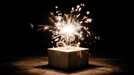 A beautifully wrapped gift box adorned with a ribbon showcases stunning fireworks, creating a magical atmosphere perfect for celebrating special occasions and holidays.の素材