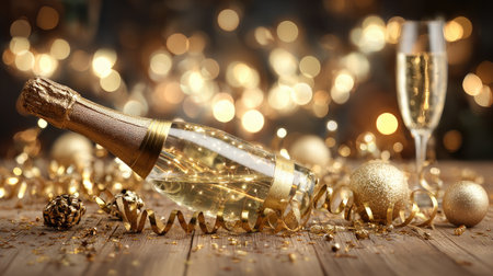 A stunning festive scene featuring a champagne bottle and glass on a wooden table, adorned with golden decorations and beautiful bokeh lights, perfect for celebrations.の素材