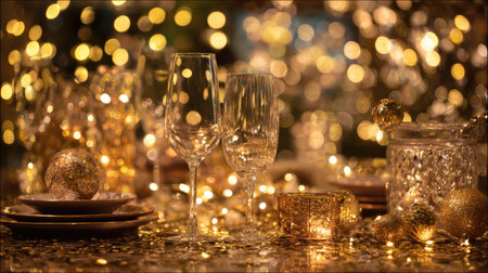Capture the essence of celebration with this beautiful table setting featuring sparkling golden decorations, elegant glassware, and a soft warm glow from twinkling lights.の素材