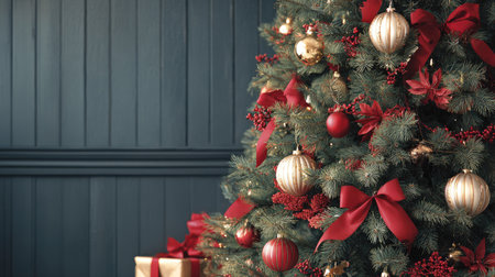 A beautifully decorated Christmas tree featuring red bows and shimmering ornaments stands against a dark blue wall, creating a warm and festive atmosphere perfect for the holidays.の素材