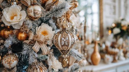 A beautifully decorated Christmas tree brings elegance and warmth to a charming living room, adorned with white flowers, gold ornaments, and soft natural light.の素材