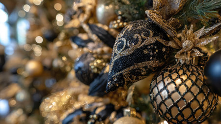 Festive black and gold Christmas decorations showcasing intricate ornaments, highlighting a warm and cheerful ambiance perfect for seasonal celebrations and gatherings.の素材