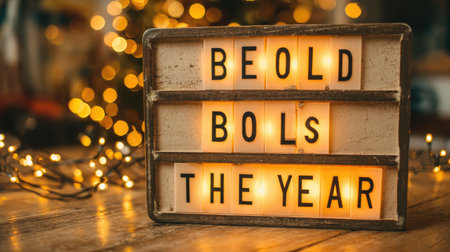 A charming lightbox showcases an inspirational message, beautifully illuminated against a backdrop of warm, blurry lights, perfect for cozy settings and seasonal celebrations.の素材